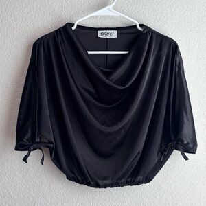 Sauci California Cropped Open Sleeve Elastic Waist Cowl Neck Blouse Shirt